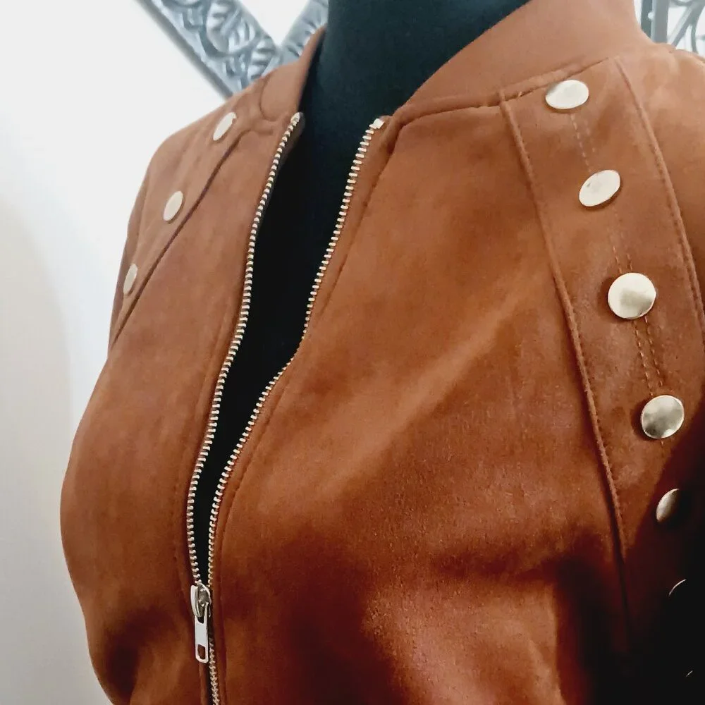 Super Cute Haute Monde Faux Suede Zip Up Jacket With Gold Accent Buttons - Picture 4 of 7